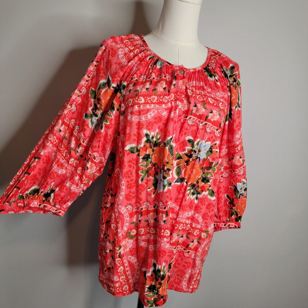 Cottage Tropical Floral Pink Salmon Button Puff Sleeve Blouse Sz L Lauren Conrad